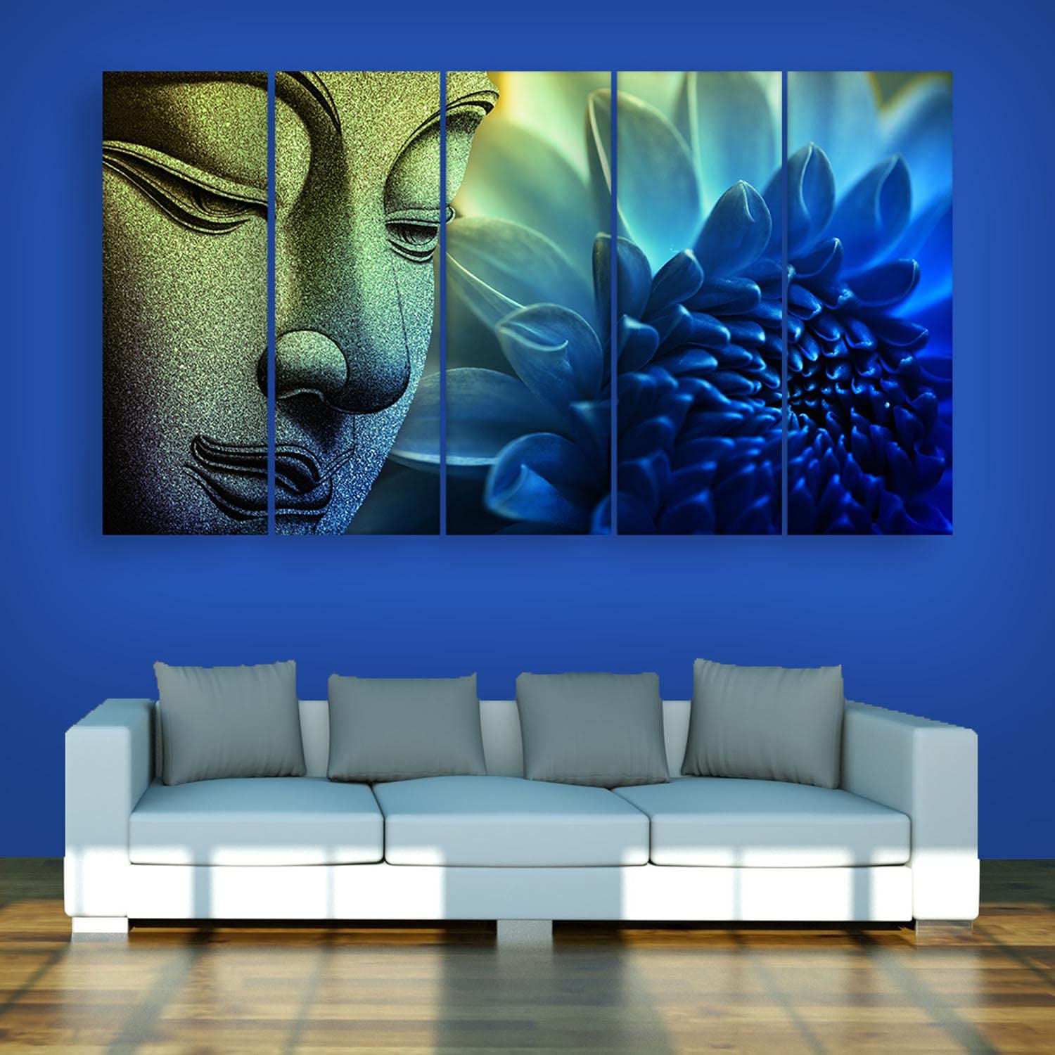 Buddha-tiful Multi-Frame Framed Wall Art displayed above a cozy sofa in living room