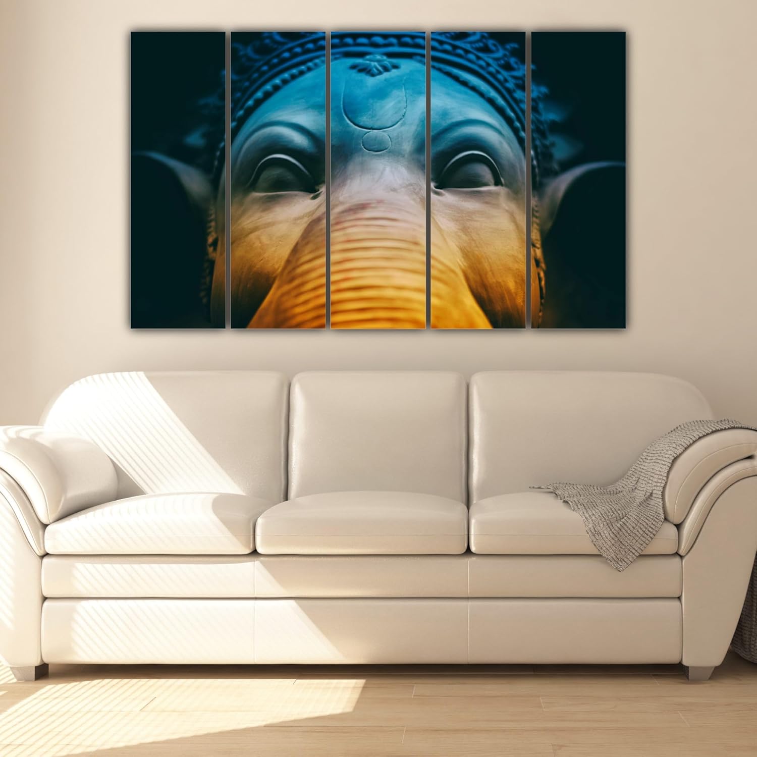 Close-up of the framed Lord Ganesha painting on a sleek wooden MDF frame Wall Art