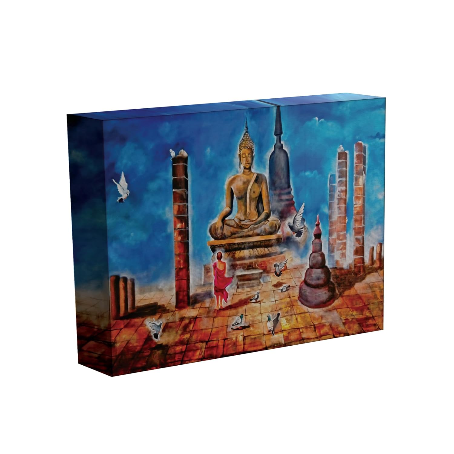 Close-up of Monk & Buddha Framed Wall Art showcasing vivid matte canvas finish