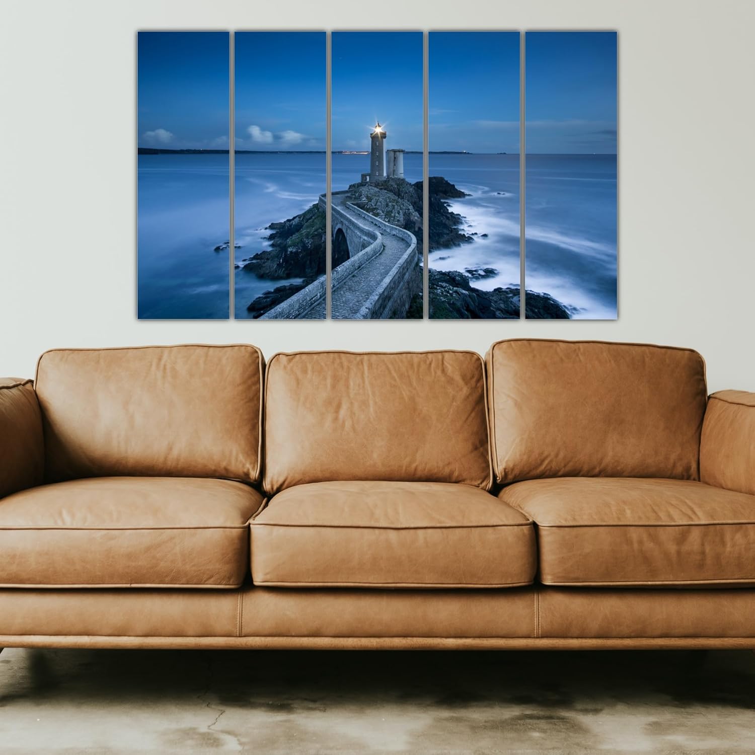 Close-up of the multi-frame lighthouse wall art panels highlighting vibrant coastal hues and 6mm MDF texture.