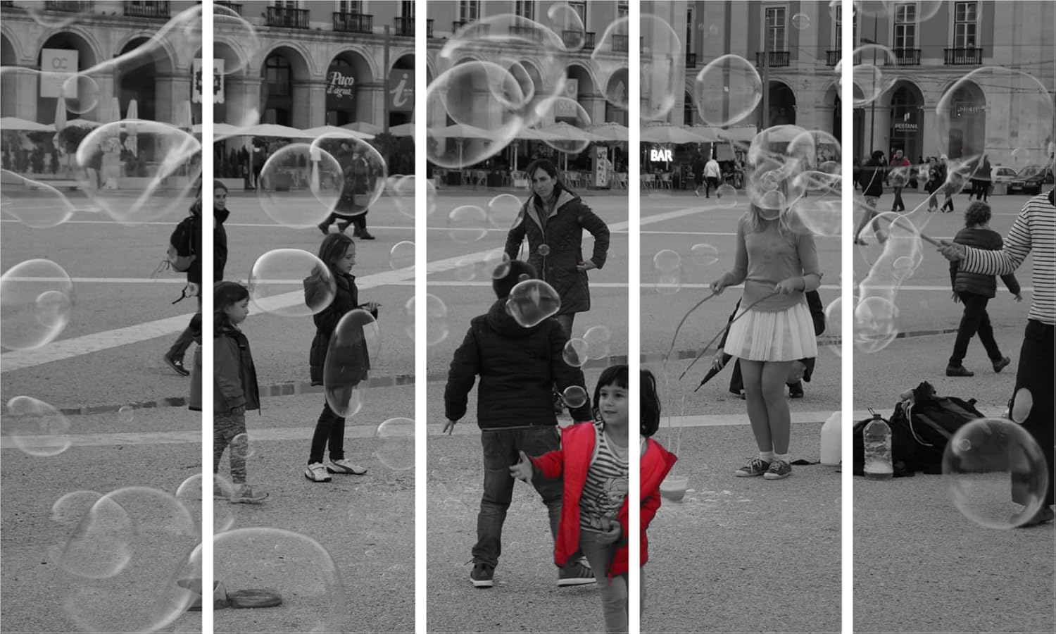 Bubble-tastic Multi-Frame Photography Wall Art, Framed to Make Your Walls Pop hanging above a modern sofa.