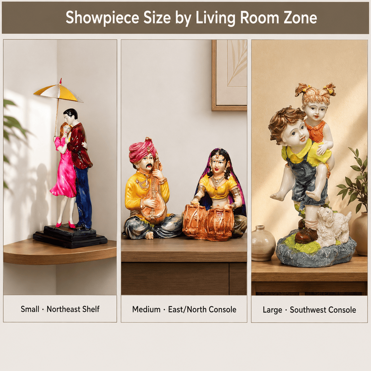 comparison grid of small, medium, and large showpieces across three living room zones