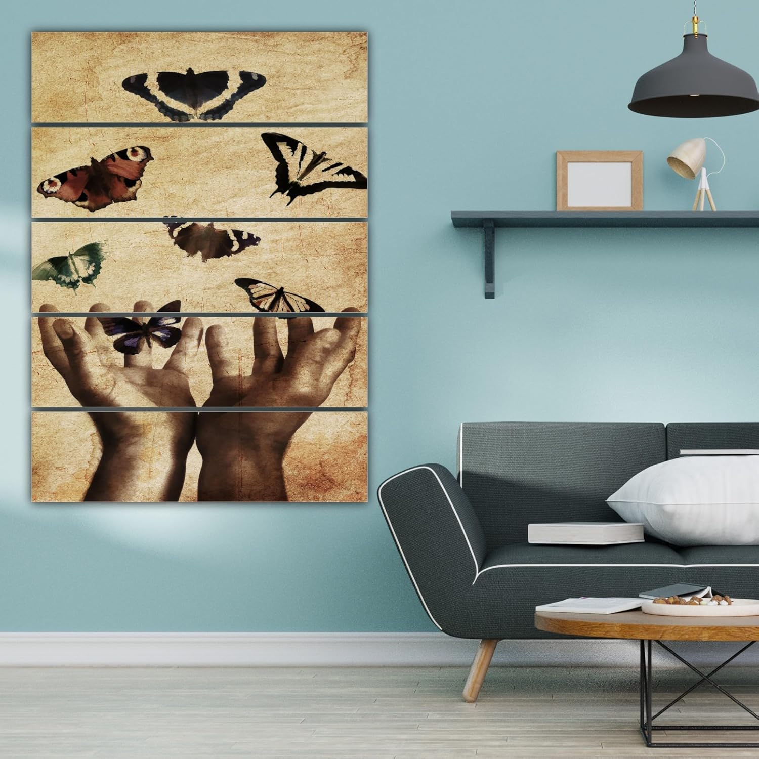 Close-up of the vibrant butterflies on the Butterfly-tiful Multi-Panel Abstract Wall Art framing in natural light.