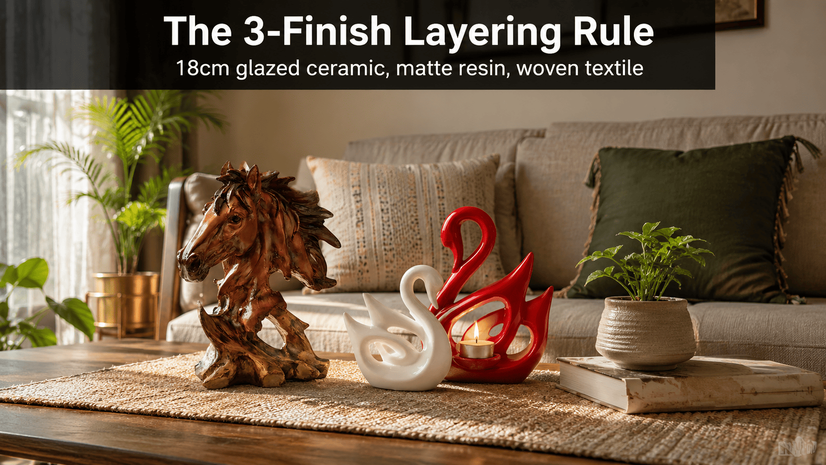 three decor finishes styled together on a living room coffee table