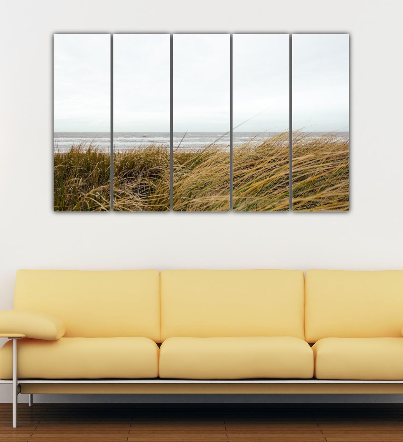Close-up of the vibrant 5-panel Ocean Fields Wall Art highlighting the wooden MDF frames.