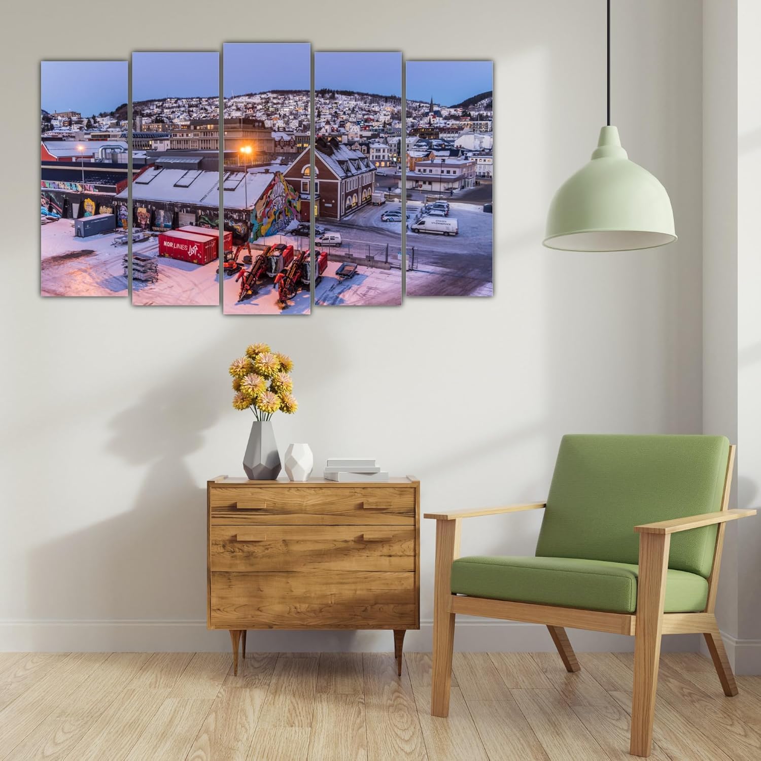Vibrant multi-panel cityscape titled Beautiful City-tastic Wall Art hung above a modern sofa.