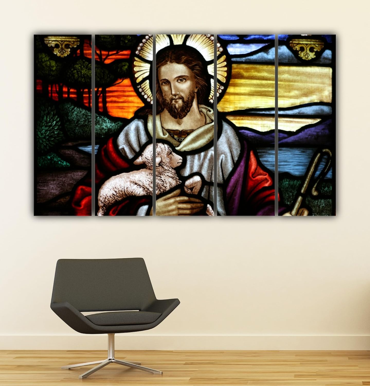 Vibrant abstract multi-frame vinyl painting with sleek matte laminated frames on a white wall