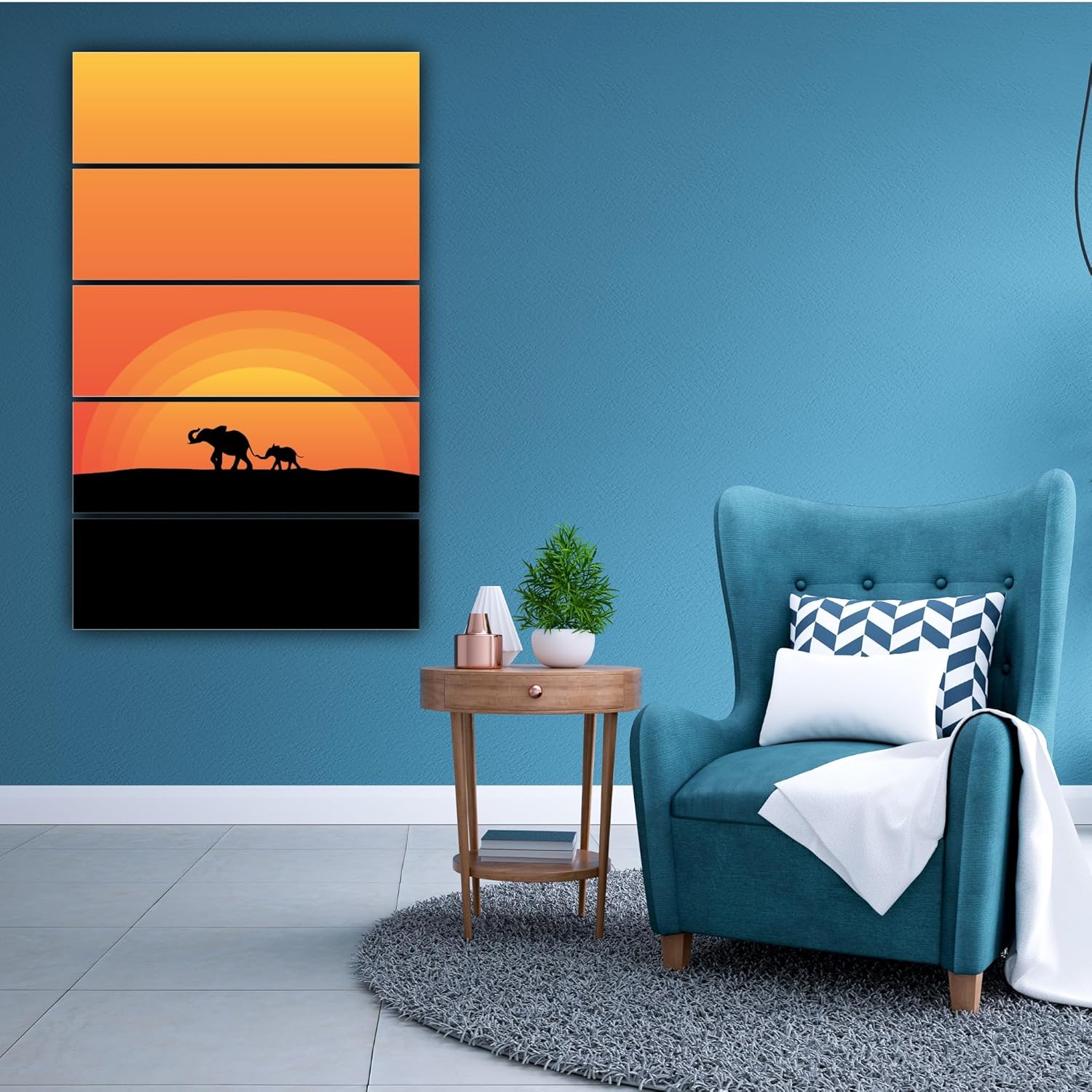 Elephant-astic Desert Dream Framed Wall Art close-up showing desert tones and elephant silhouette in multi-panel format