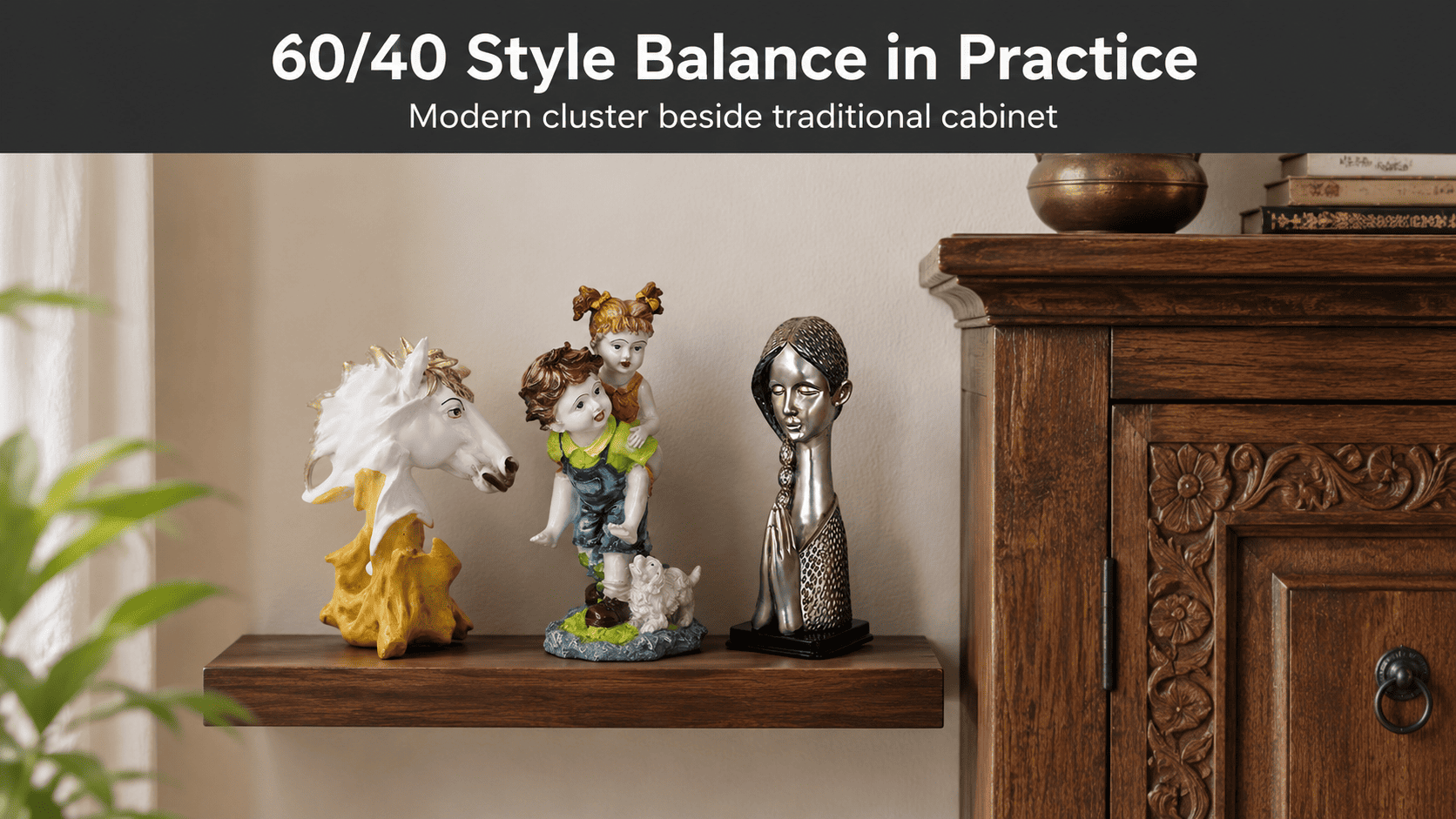 A glazed decorative object clustered with two other small objects on a narrow shelf near wooden furniture