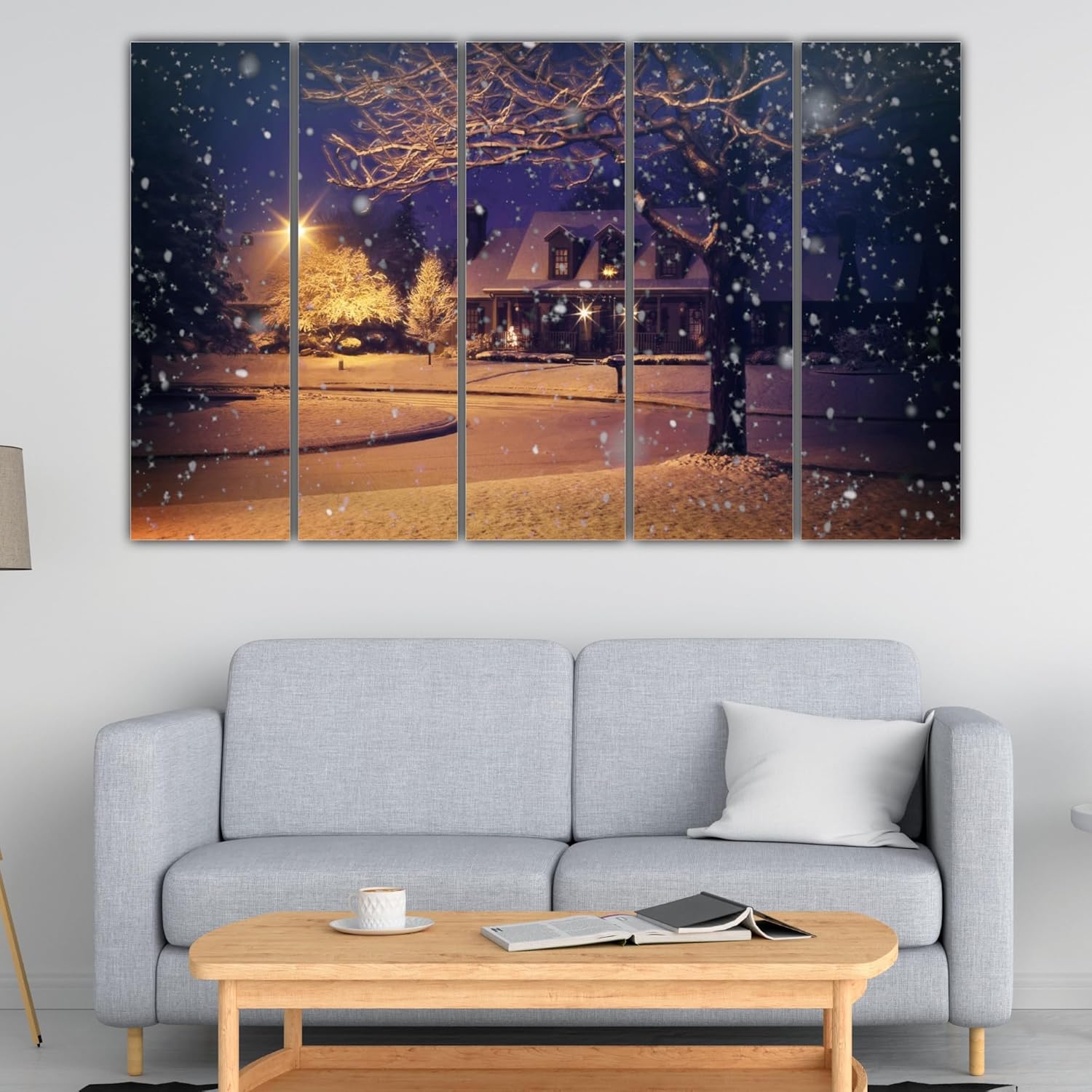Close-up of Snow Much Fun multi-frame winter wall art framed on wooden MDF.