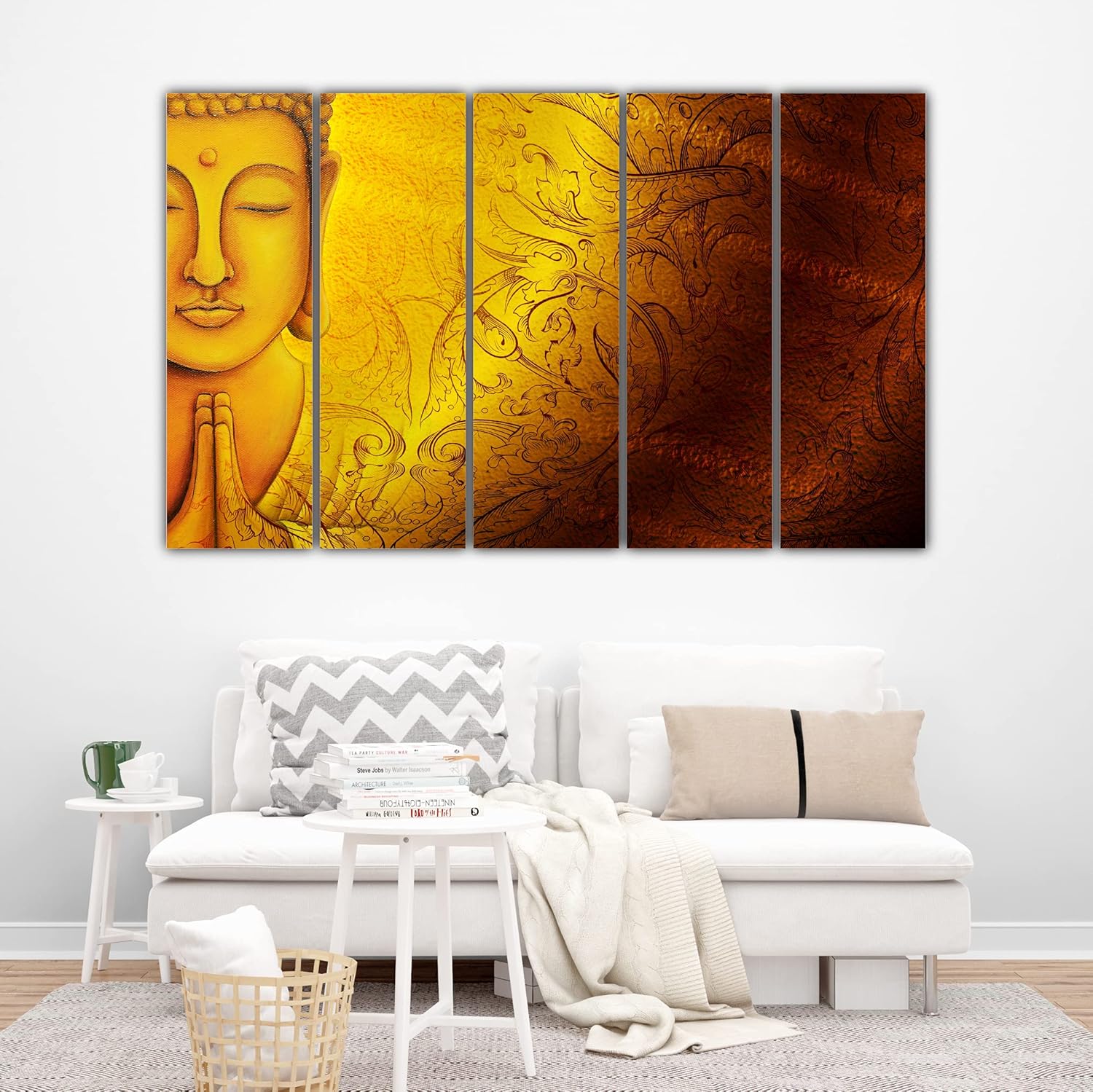 Close-up of Buddha-licious Multi-Frame Framed Wall Art That'll Make Your Stress Say 'Om' (50x30in) on a brown wall
