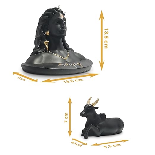 Adiyogi statue with Nandi in black and golden positioned against kitchen backdrop showing its relative size and detailed craftsmanship.