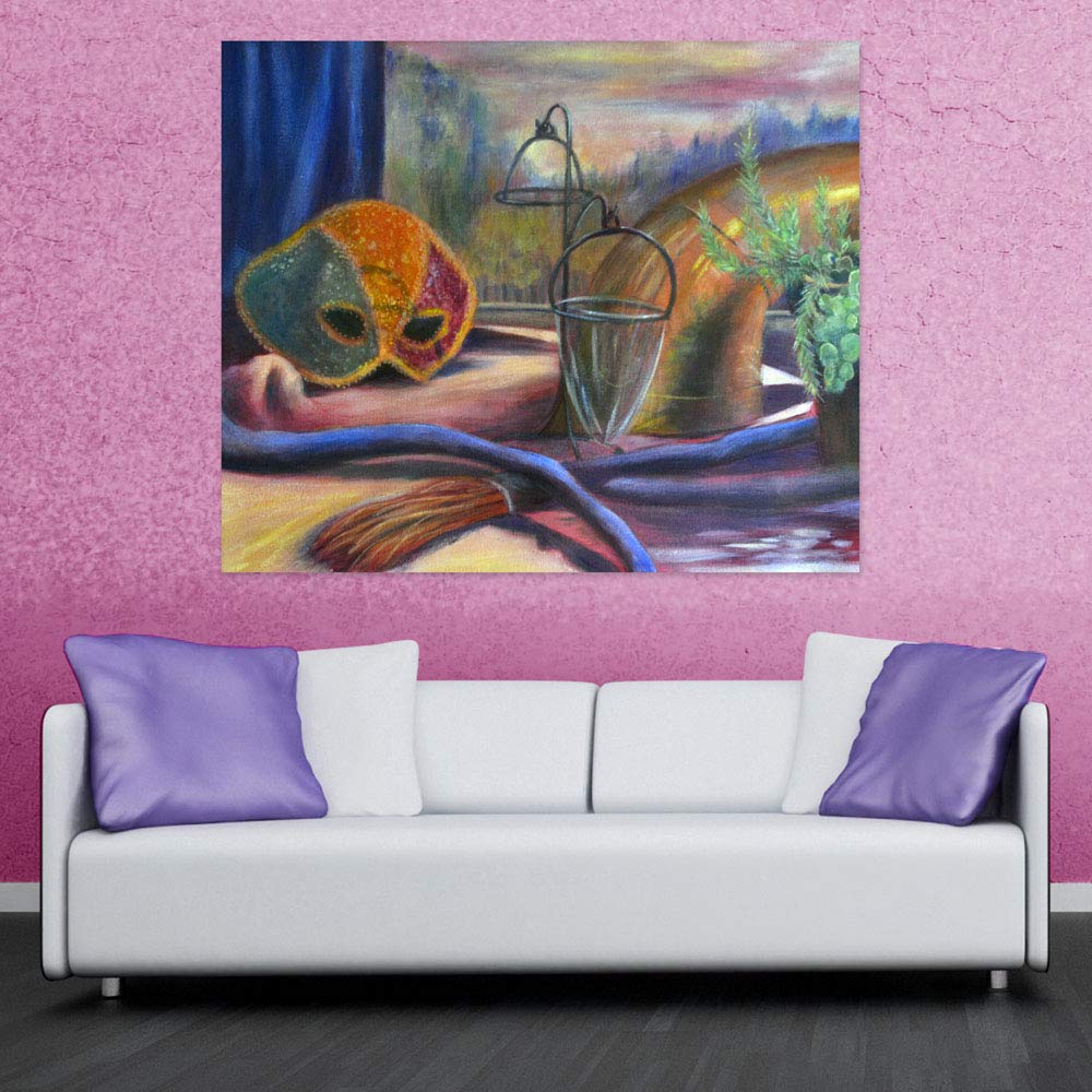 Mask-erpiece in Your Space unframed abstract Wall Art displayed above a cozy sofa