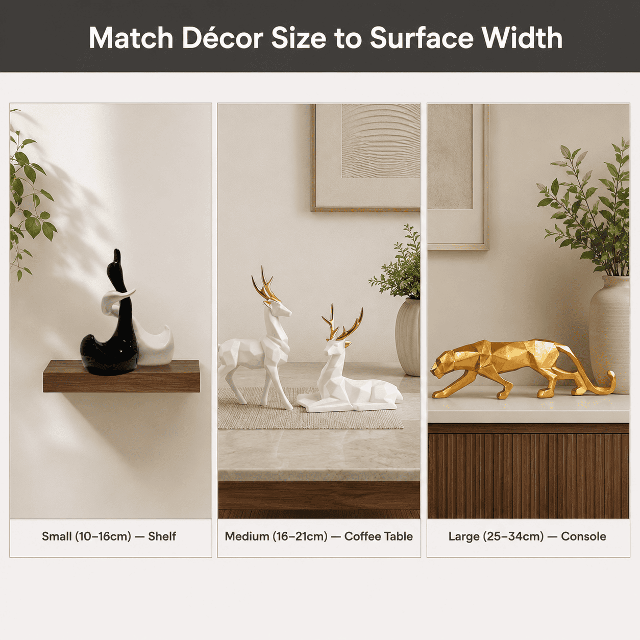 visual comparison grid of small medium and large home decor pieces against living room surfaces