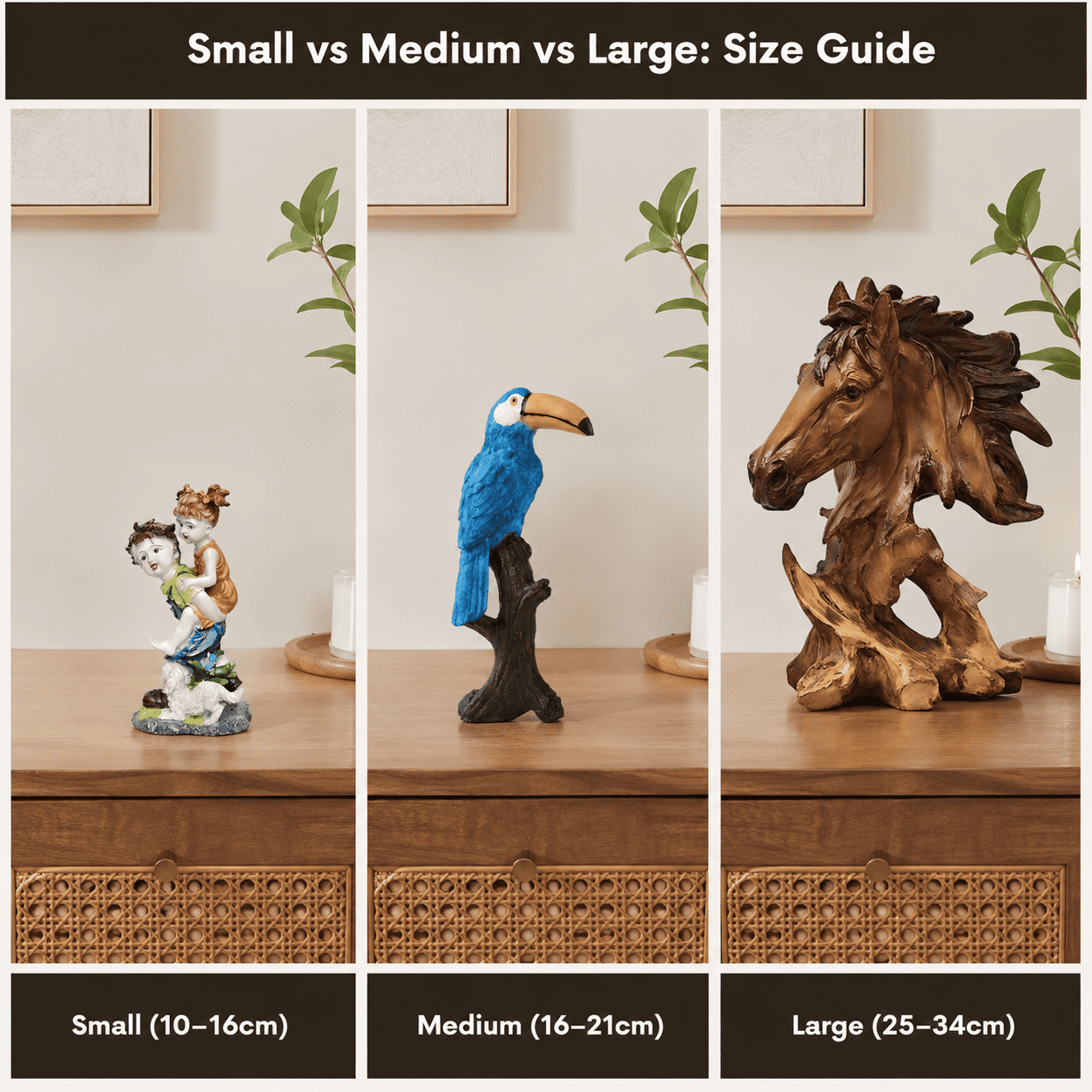 comparison grid of small medium and large decor sizes in a compact living room