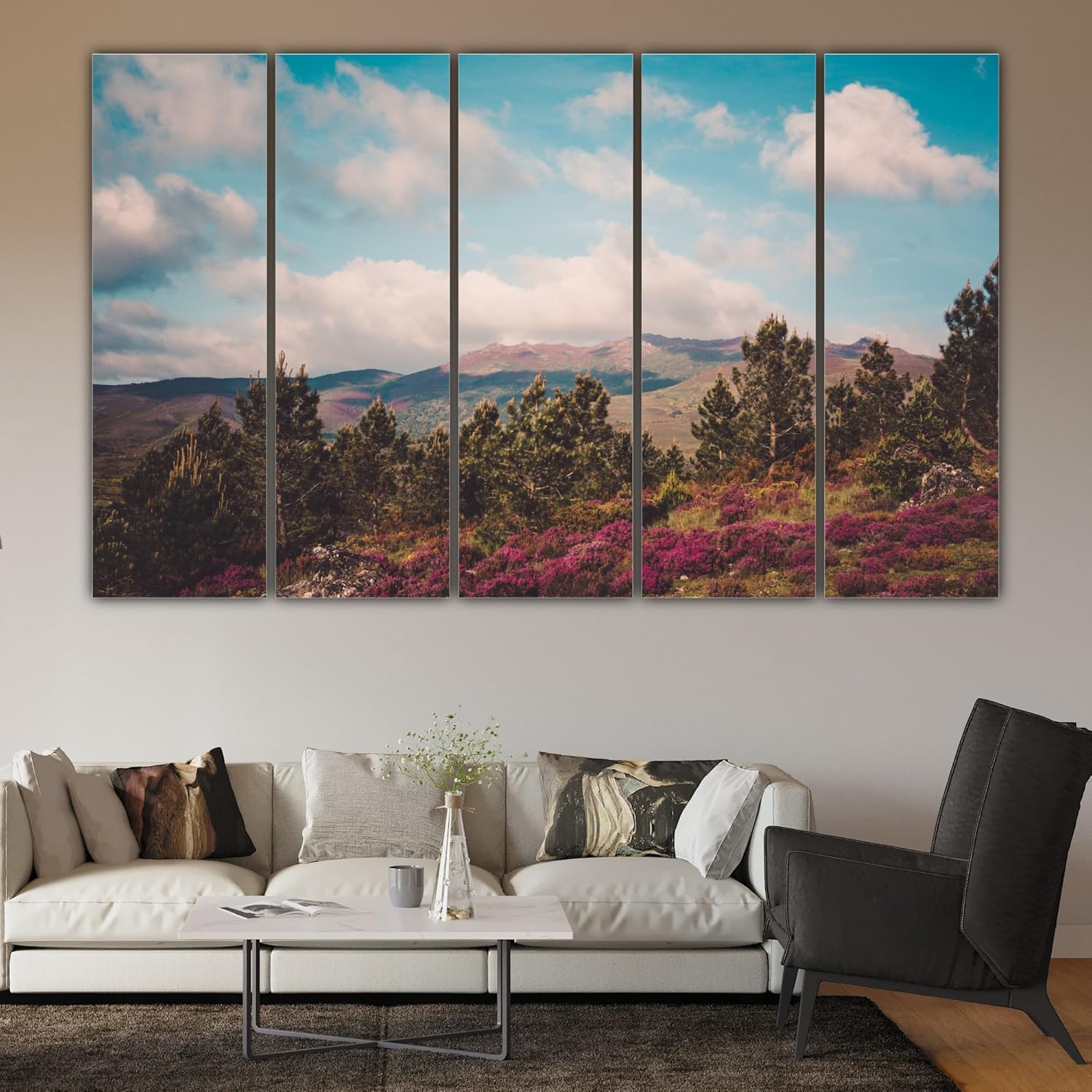 Vibrant Land-and-Lovely Multi-Frame Wall Art displayed above a white couch, highlighting panoramic nature scenes.