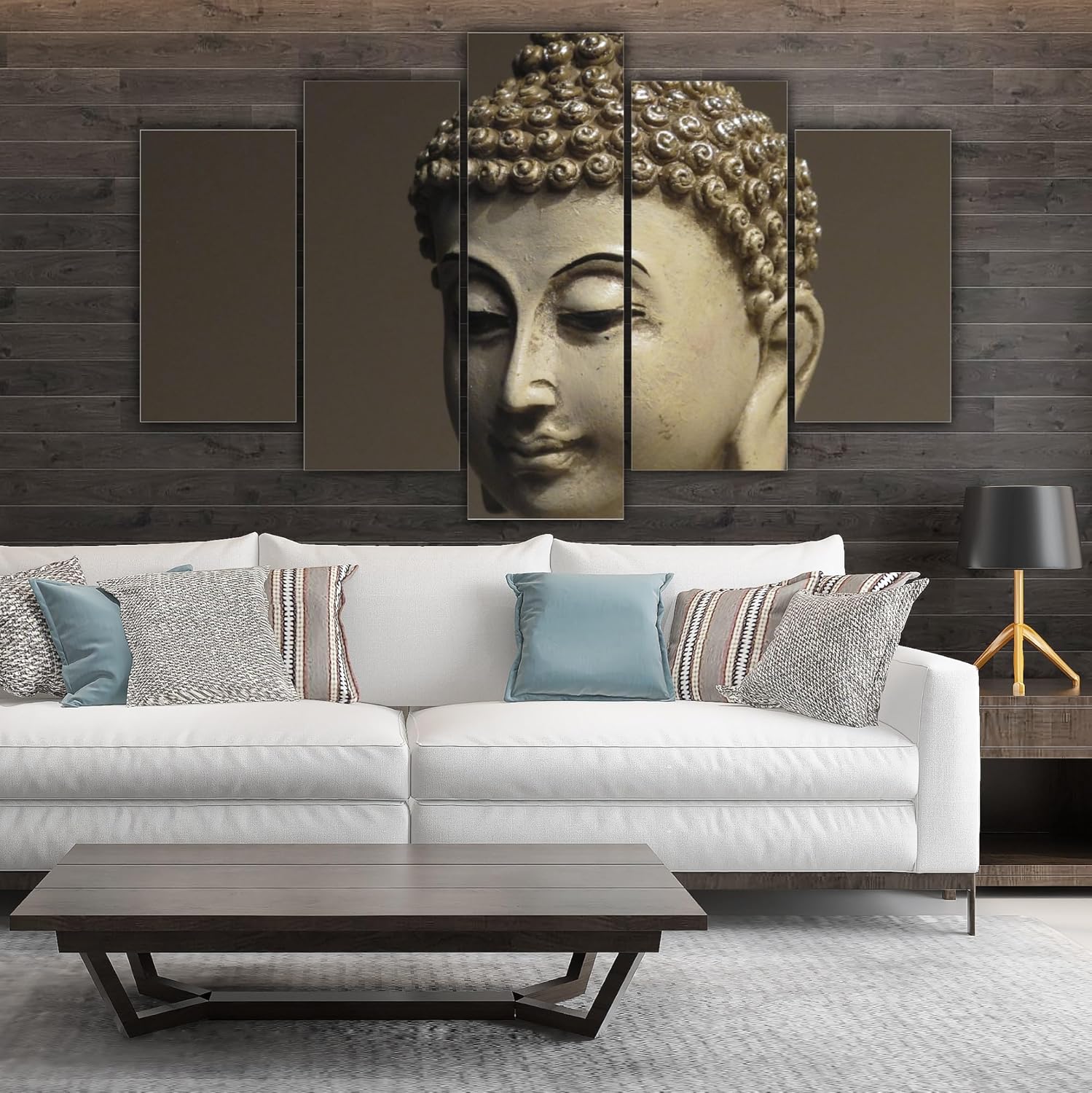 Close-up of Buddha-tiful Frame Fiesta: 5-Panel Zen Wall Art showing vibrant colours on wooden MDF frames