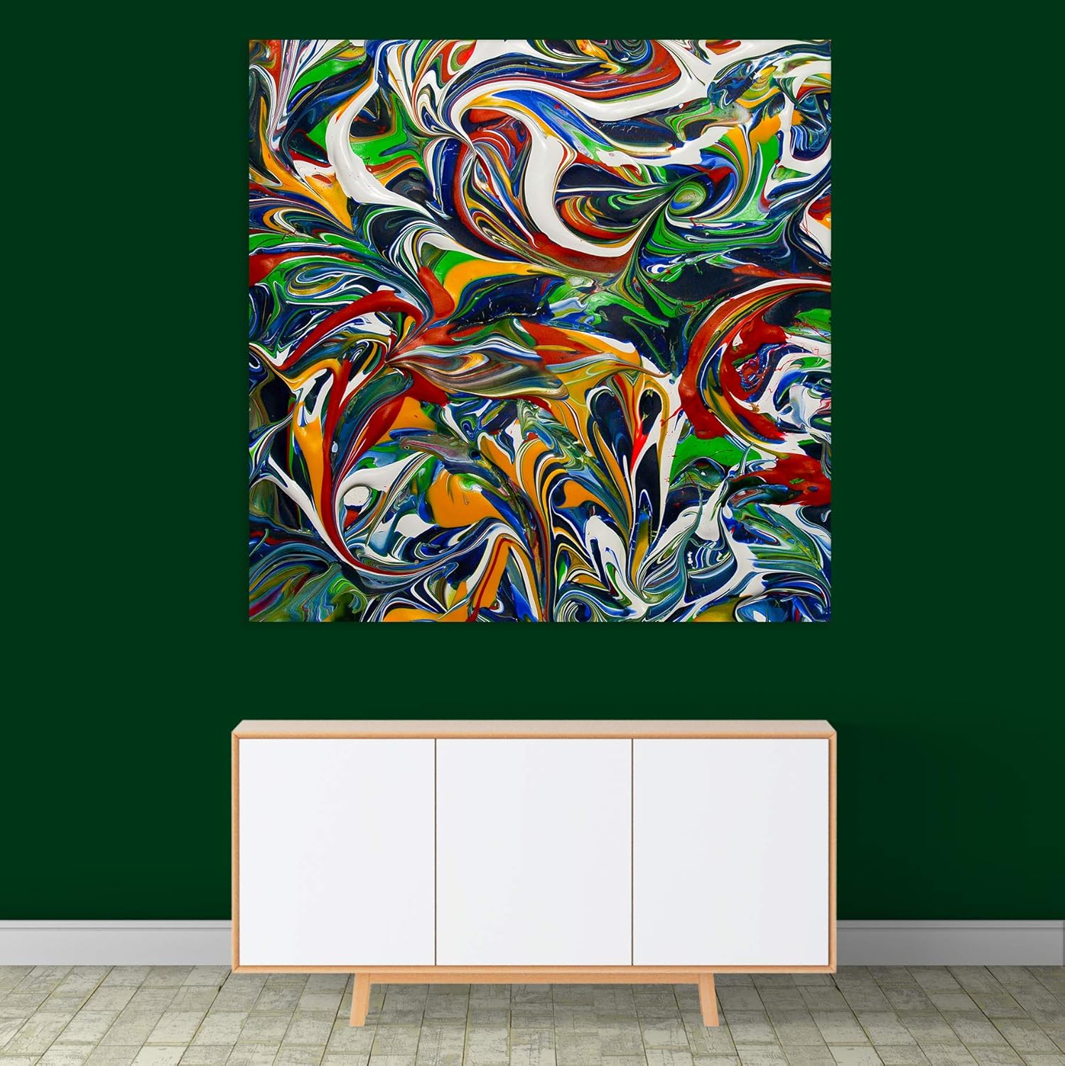 Square-tacular Abstract Unframed Wall Art to Amp Up Your Space (91x91cm) above a modern sofa.