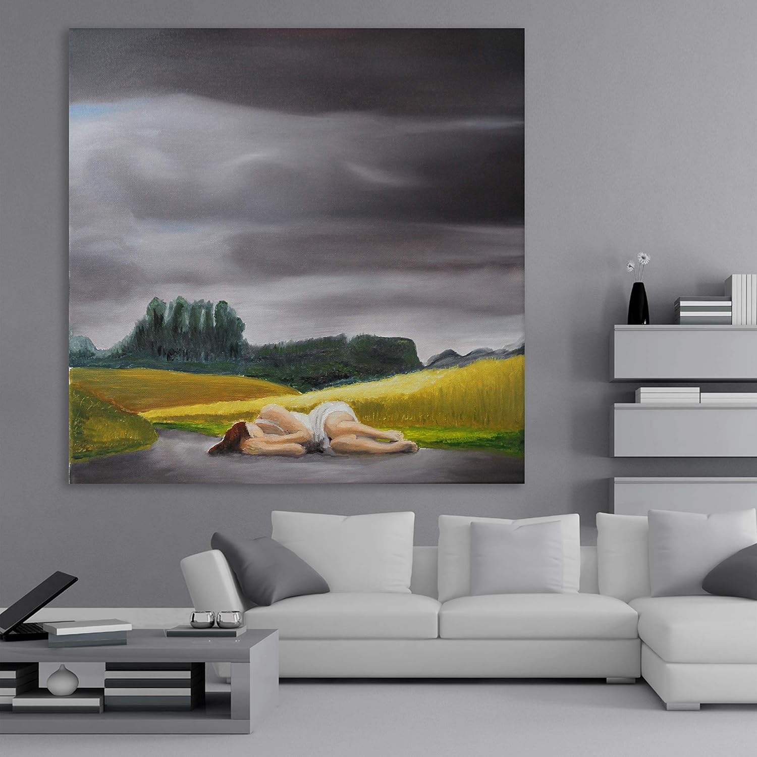 Close-up of Man, Oh Man! Sadness-tastic Wall Art That'll Tug at Your Heartstrings - Unframed Human-Themed Canvas (91x91cm) displayed on a living room wall