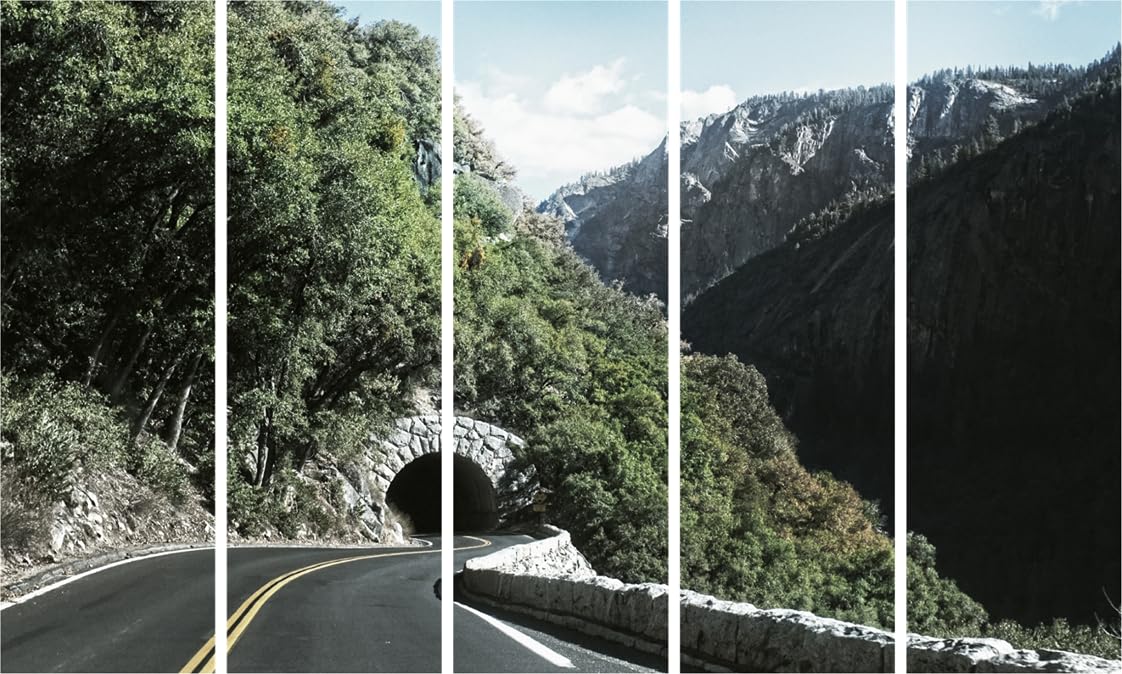 Buckle Up, Tunnel Trippers! 5-Frame Mountain Photography Wall Art showing a misty tunnel view through rocky peaks