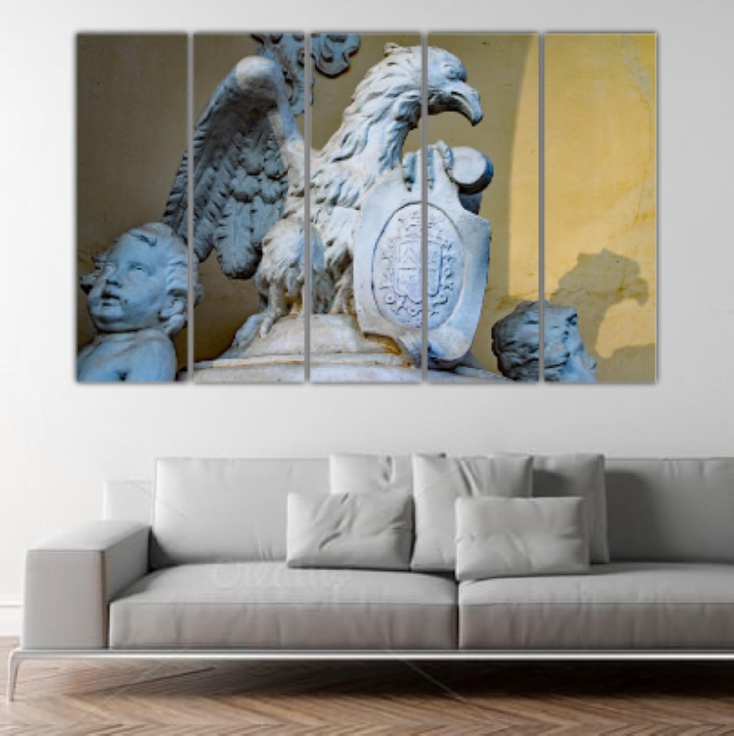 Sculpture Spectacular: 5-Frame Photography Framed Wall Art displayed above a modern sofa in a living room.