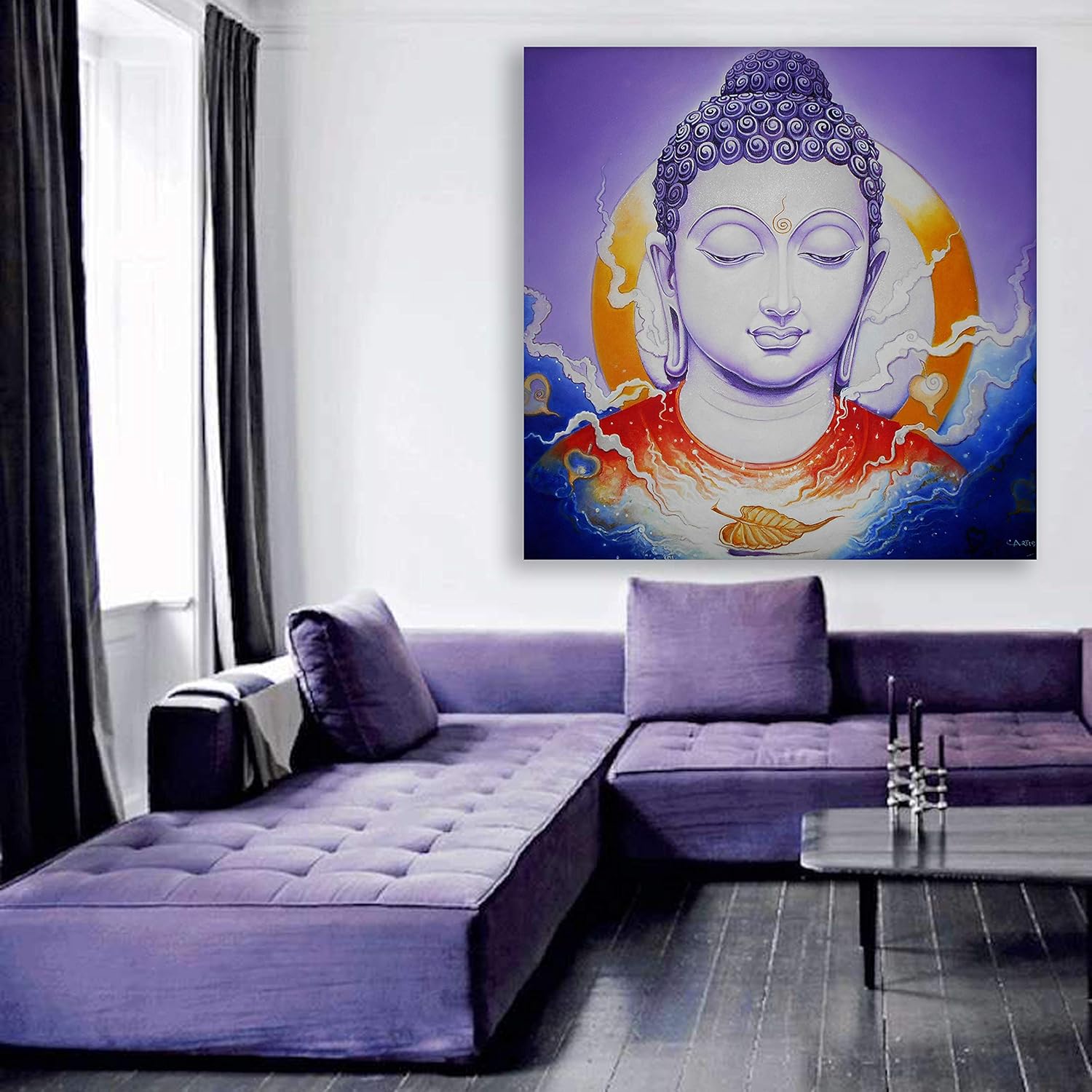 Buddha-tastic Unframed Zen Wall Art displayed on a cozy living room wall