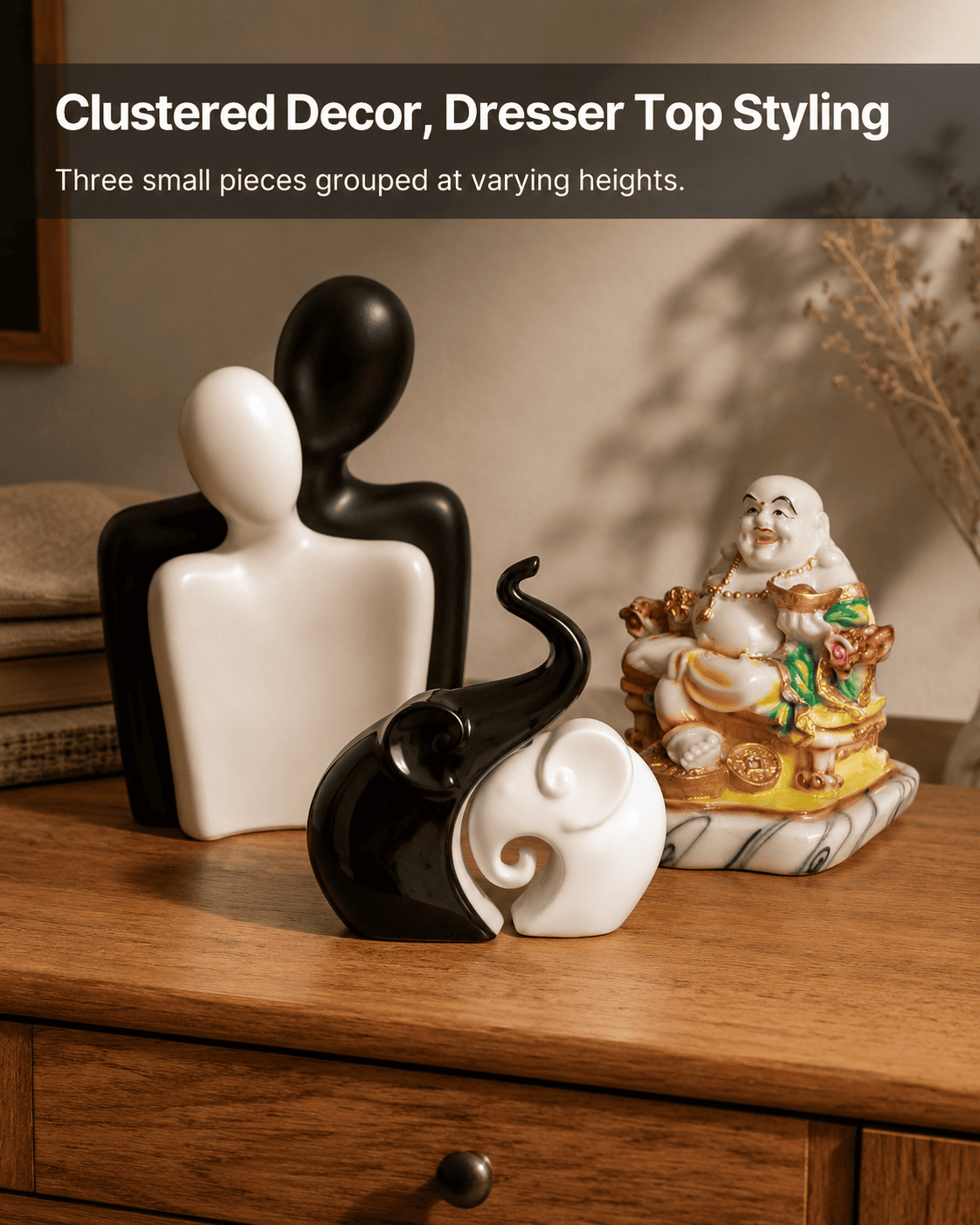 small cluster of decorative objects arranged on a dresser top