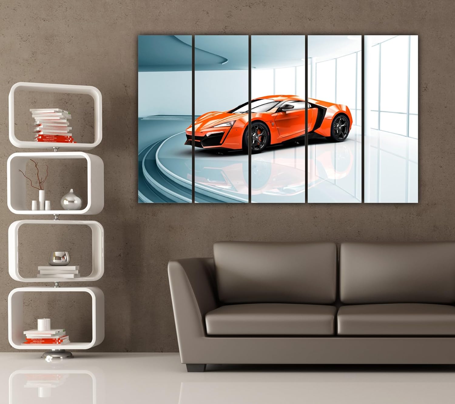 Close-up of the Car-tastic 5-Panel Framed Wall Art highlighting splash-proof prints and sturdy MDF frames.