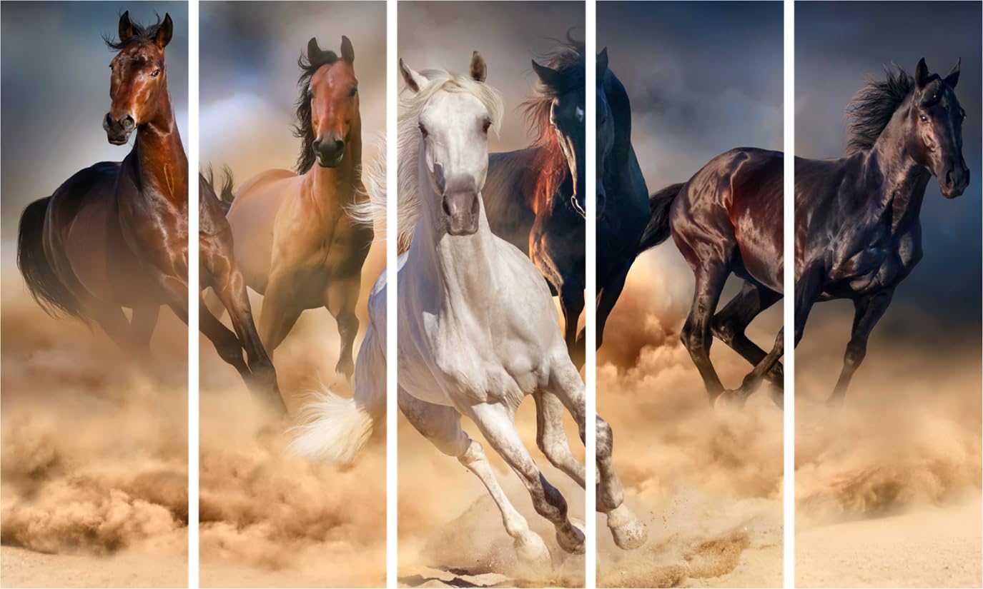 Gallop to Good Vibes: Blue Horse Vinyl Vastu Wall Art showcasing five blue horse panels in sleek wooden frames