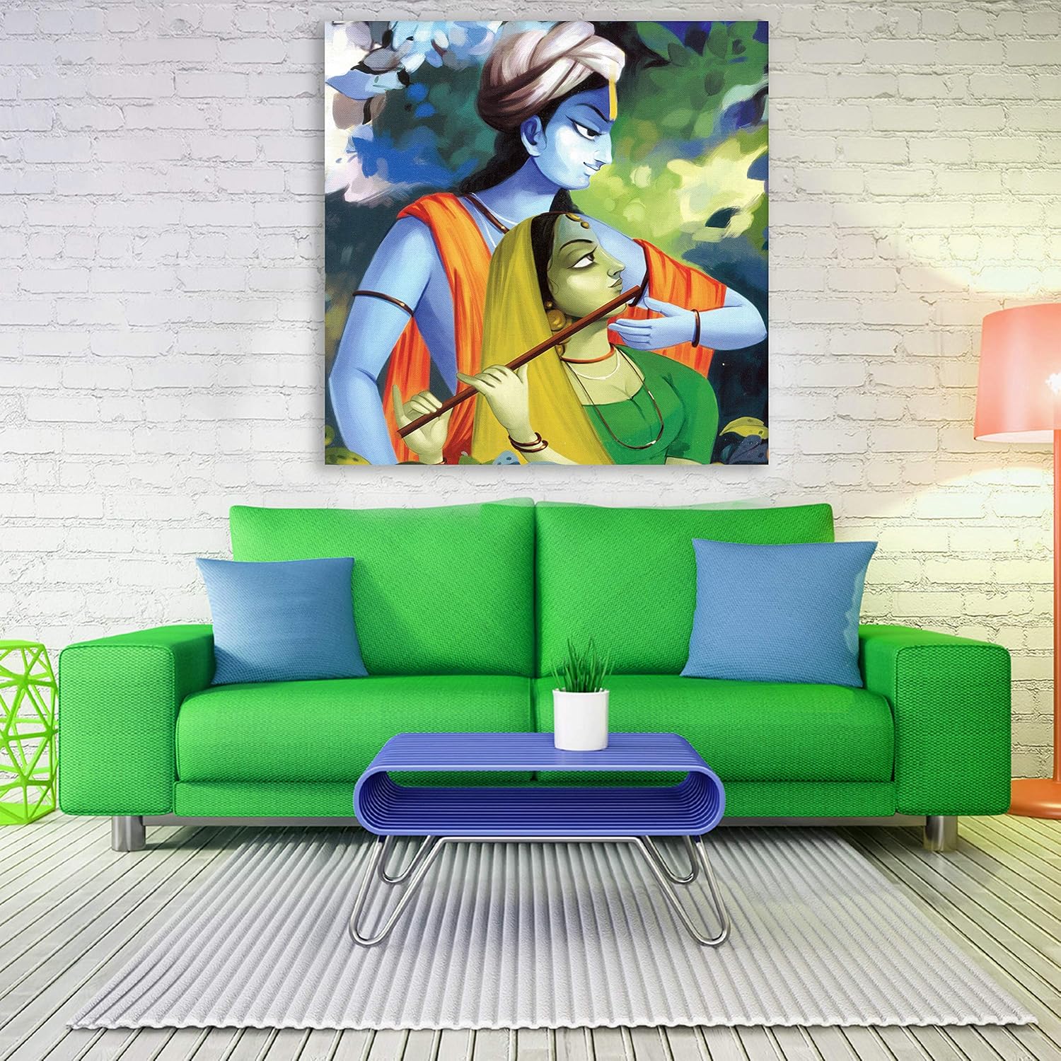 Krishna-tastic Unframed Wall Art That'll Make Your Heart Skip a Beat (91x91cm Canvas) showcased above a cozy sofa