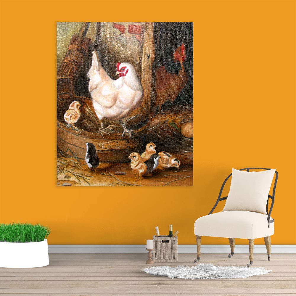 Feathered Family Fiesta: Unframed Hen & Chicks Canvas Wall Art depicting a mother hen snuggling her chicks.