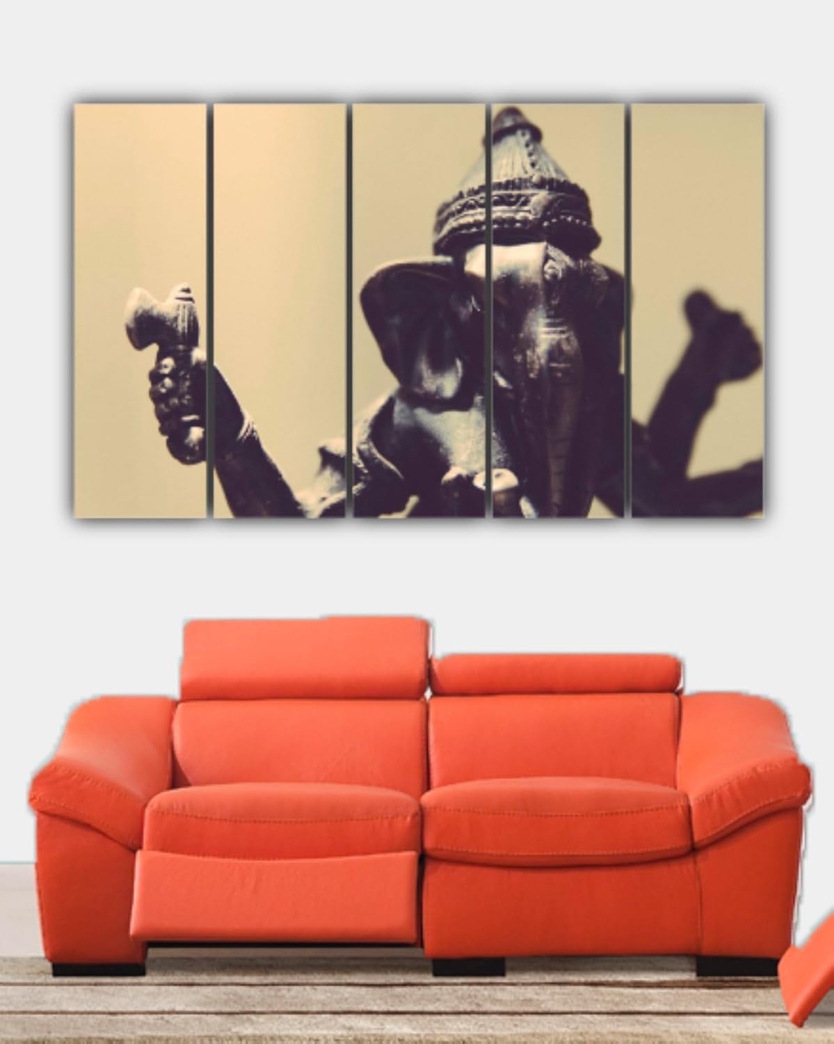 Ganesha-tastic 5-Panel Framed Wall Art Fiesta displayed above a sofa for a stylish home accent.