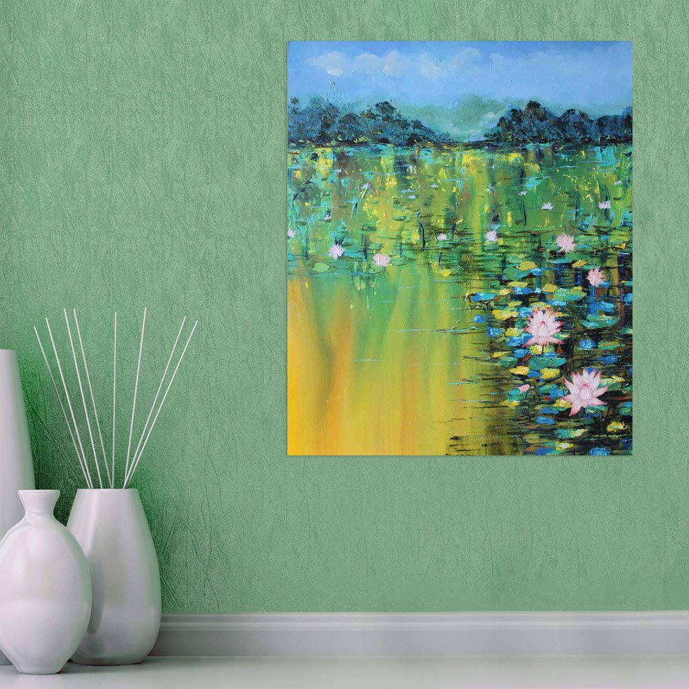 A vibrant lotus bloom canvas titled 'Lotus-ly Gorgeous Unframed Wall Art That Makes Walls Bloom (91x76cm)', perfect for brightening any room.