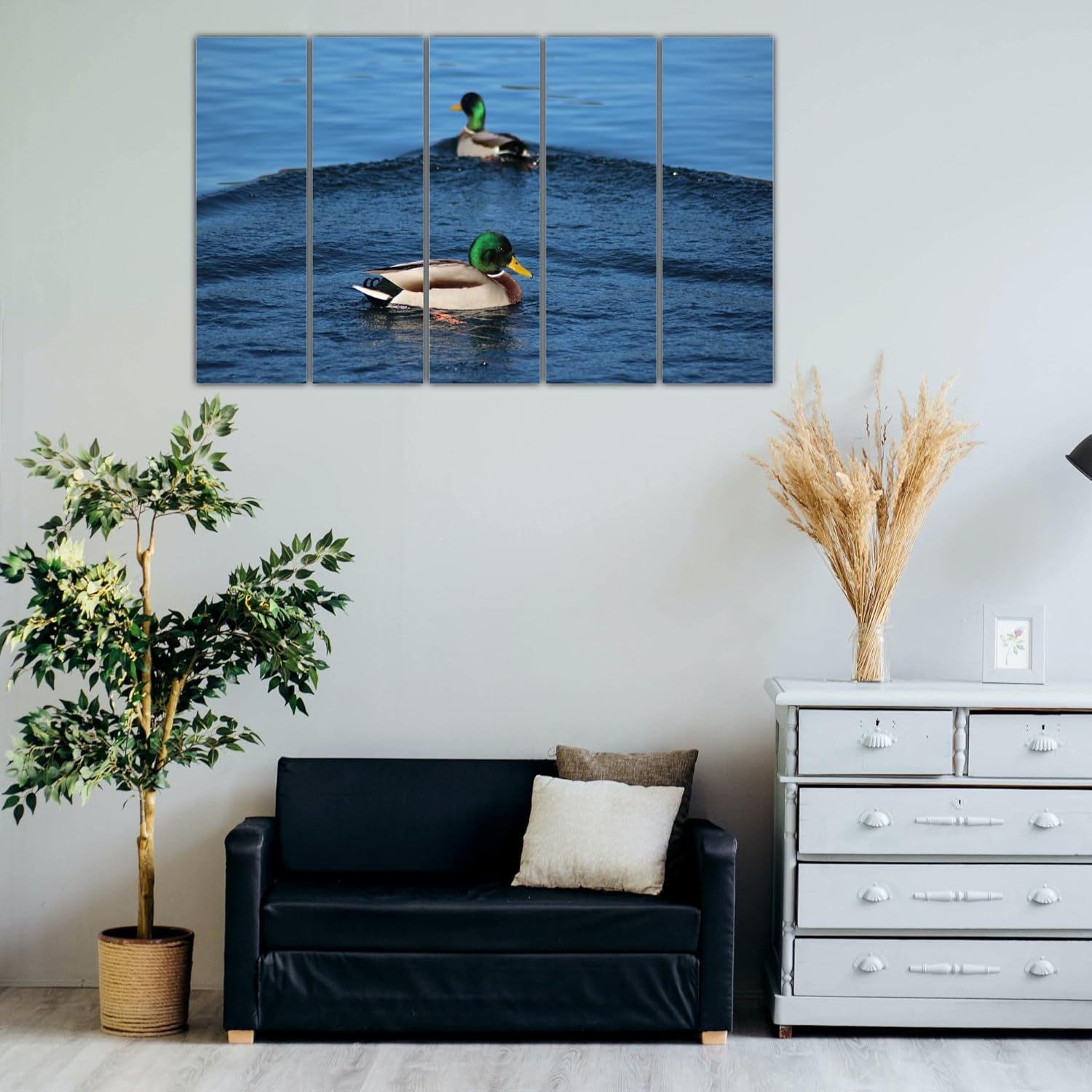 Side view of the framed multi-panel Wall Art with vibrant duck illustrations and wooden MDF finish.