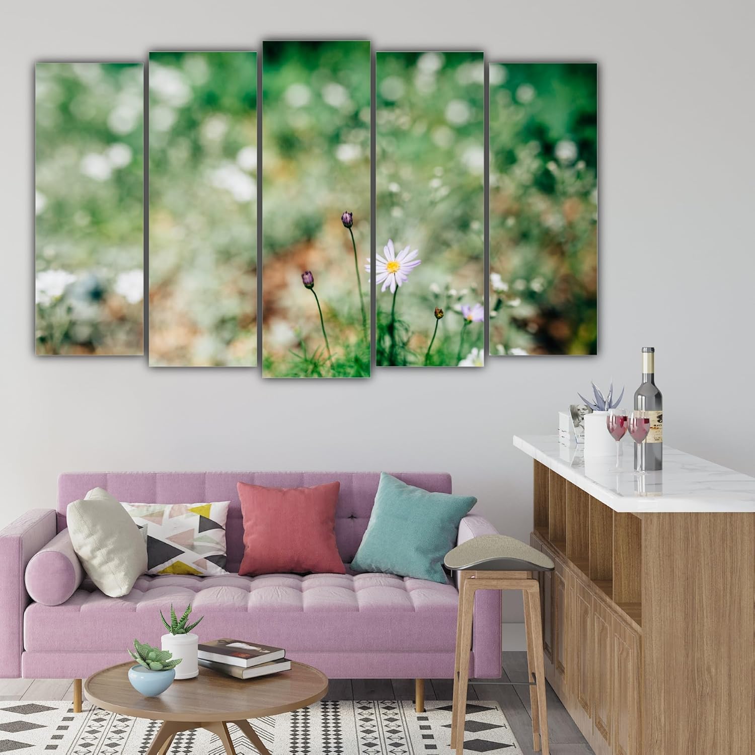 Close-up of vibrant vinyl flower prints on the 5-frame abstract Framed Wall Art