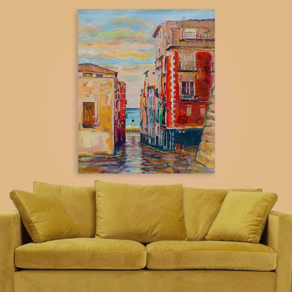 City-Slicker Rain-Kissed Unframed Canvas Wall Art capturing a rain-drenched urban street scene