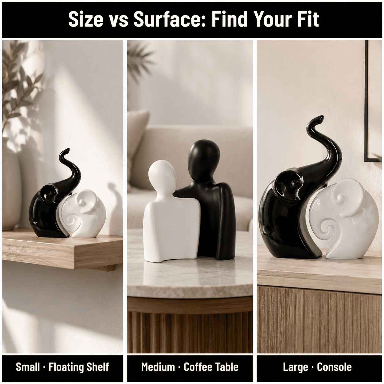 grid comparing small medium and large decor pieces against matching surface types
