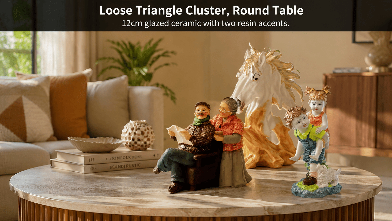clustered small decorative pieces on a round coffee table