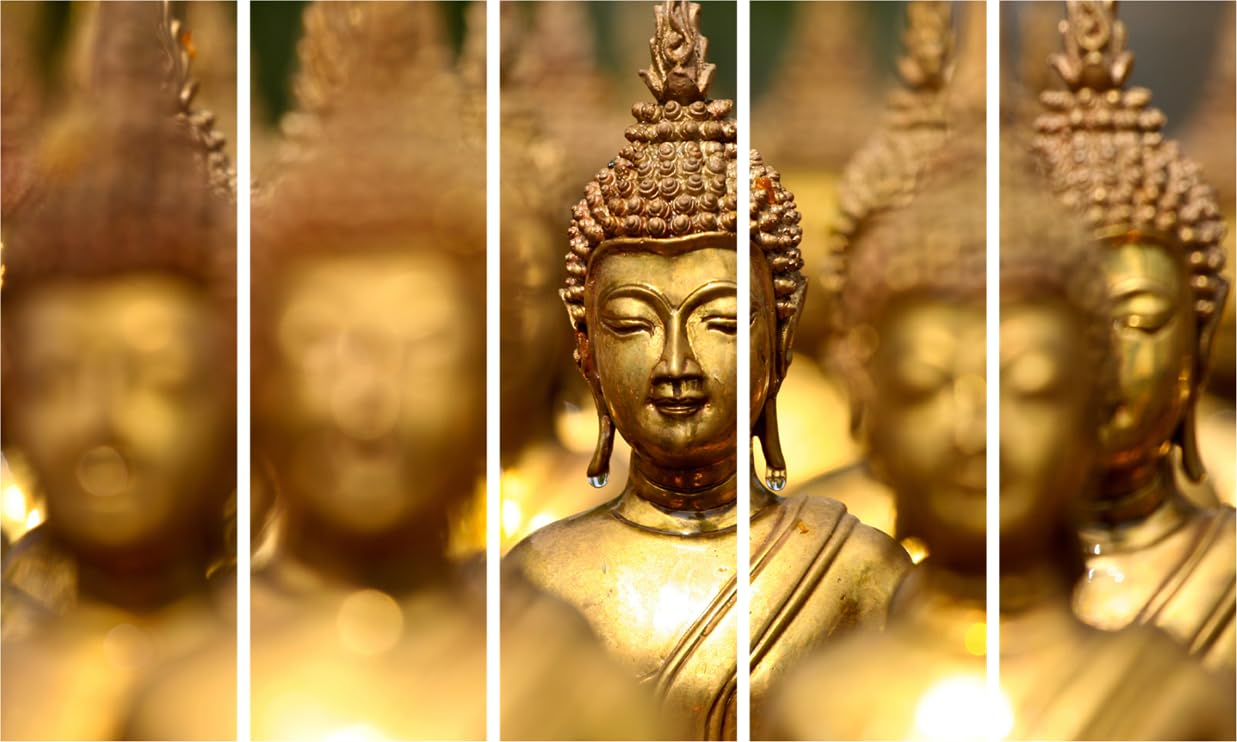 Front view of Buddha-tiful 5-Panel Framed Wall Art displaying multicolour Buddha in a serene setting