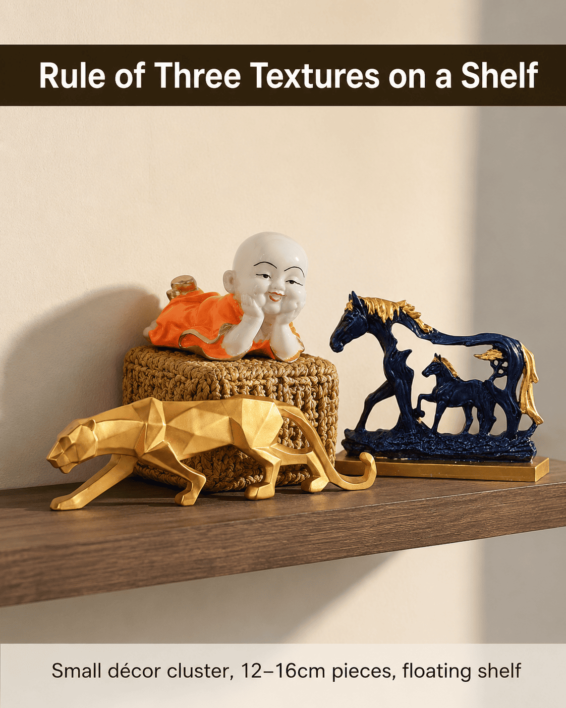 small decorative pieces clustered on a floating shelf