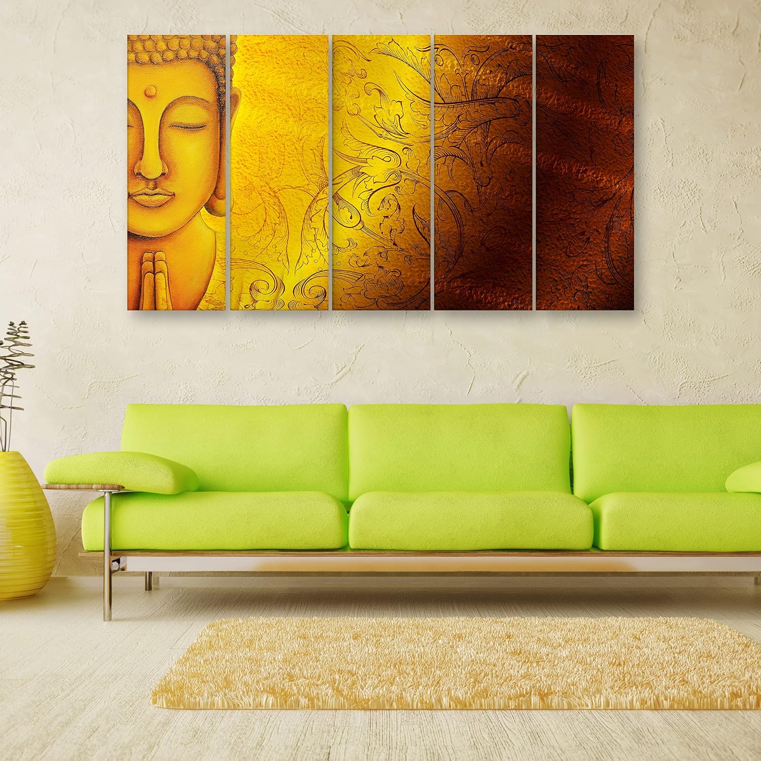 Vibrant HD panels of Buddha-licious Multi-Frame Framed Wall Art That'll Make Your Stress Say 'Om' displayed above sofa