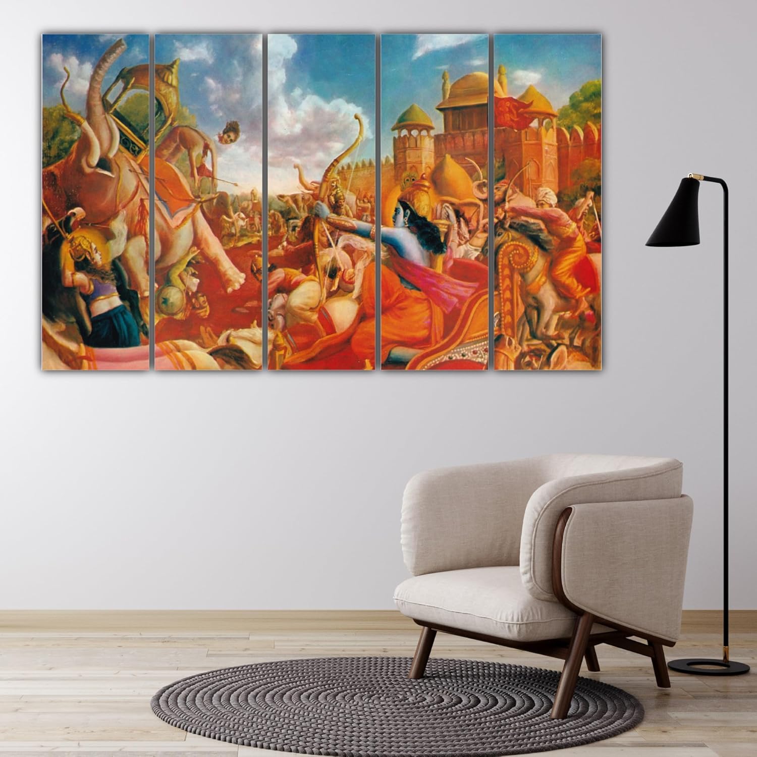 Multi-panel Mahabharata-tastic Framed Photography Wall Art with sturdy MDF frames hanging on a living room wall.