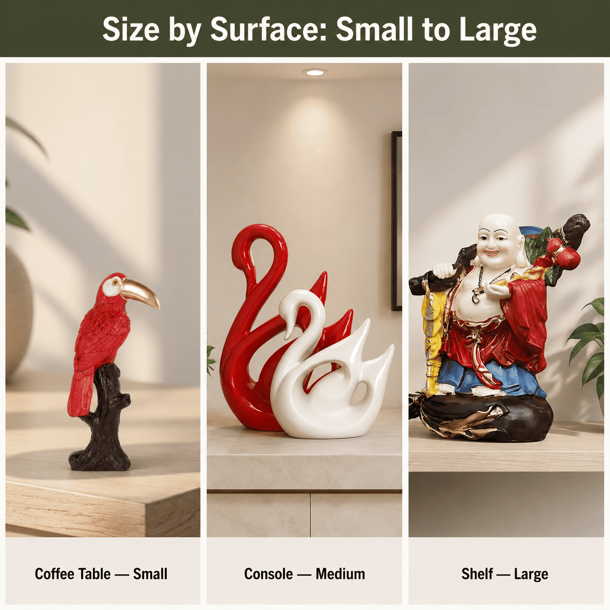 grid comparing small medium and large home decor pieces across coffee table console and shelf placements