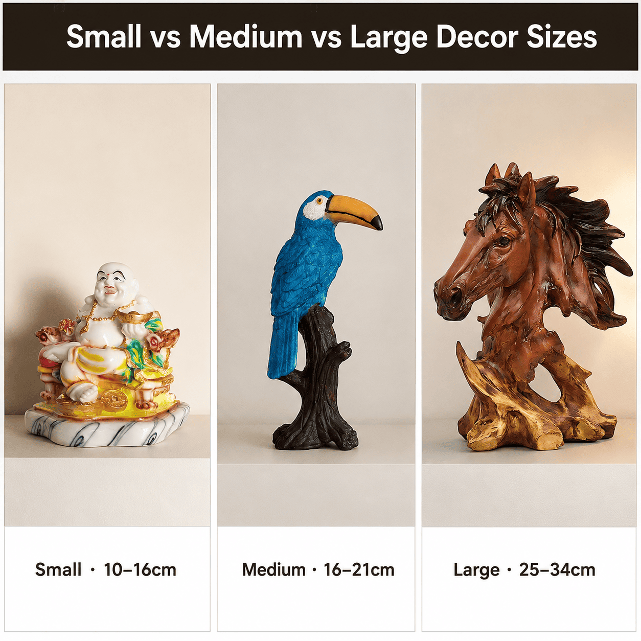 size comparison of small, medium, and large home decor pieces