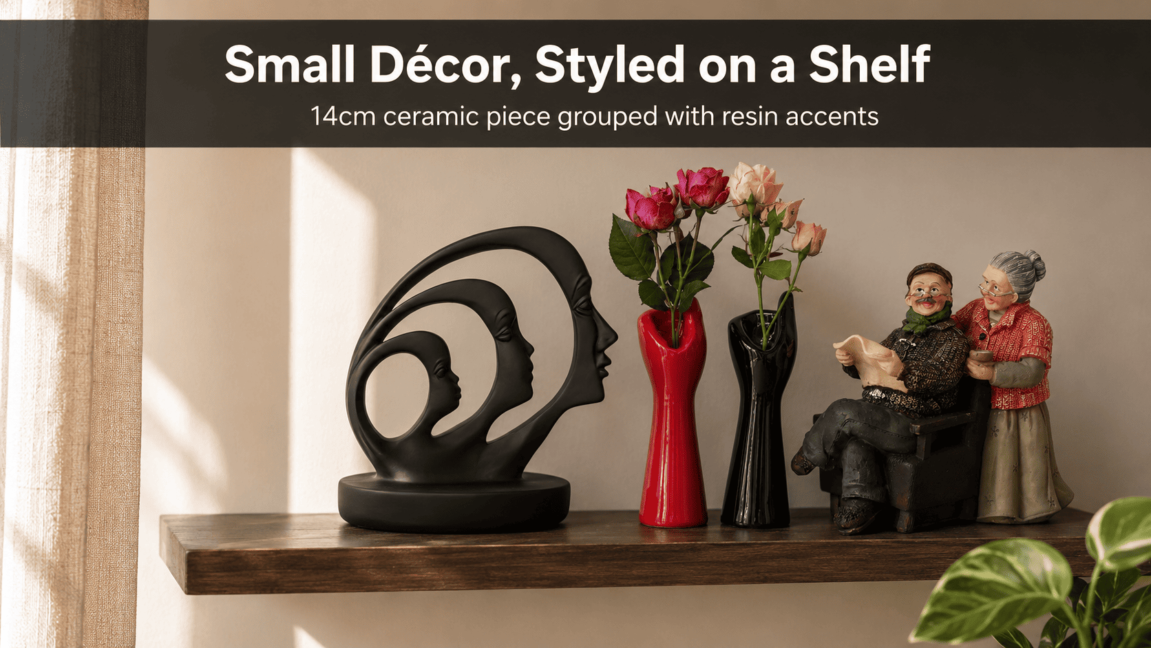 small home decor piece on a floating shelf in a compact living room