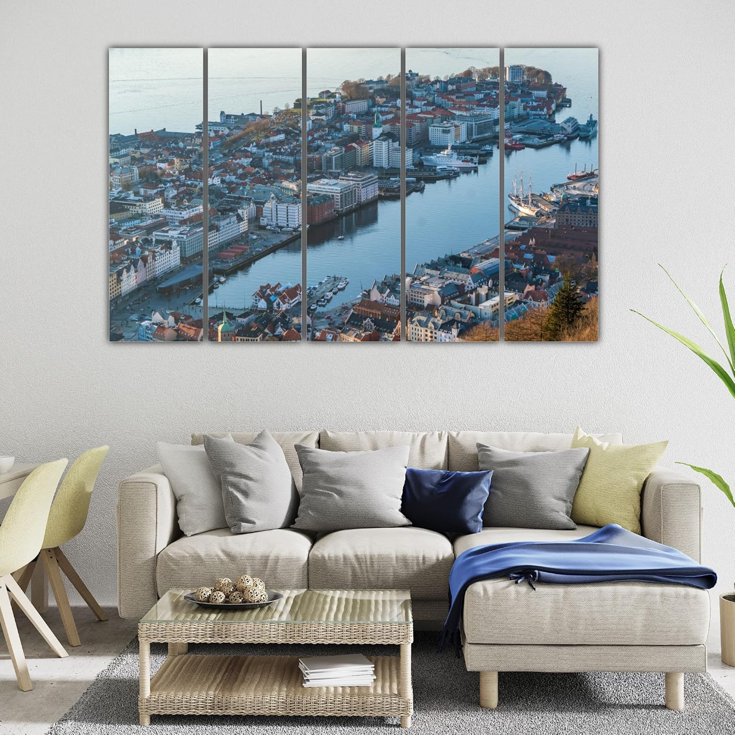 Five sleek panels of Cityscape Soiree Wall Art ready to light up your living room