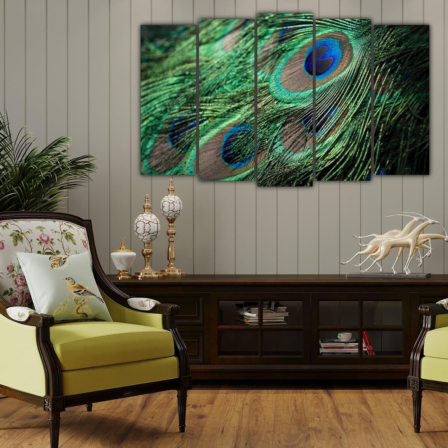 Multi-panel Wall Art of peacock feathers with framed Photography design, titled Strut Your Stuff