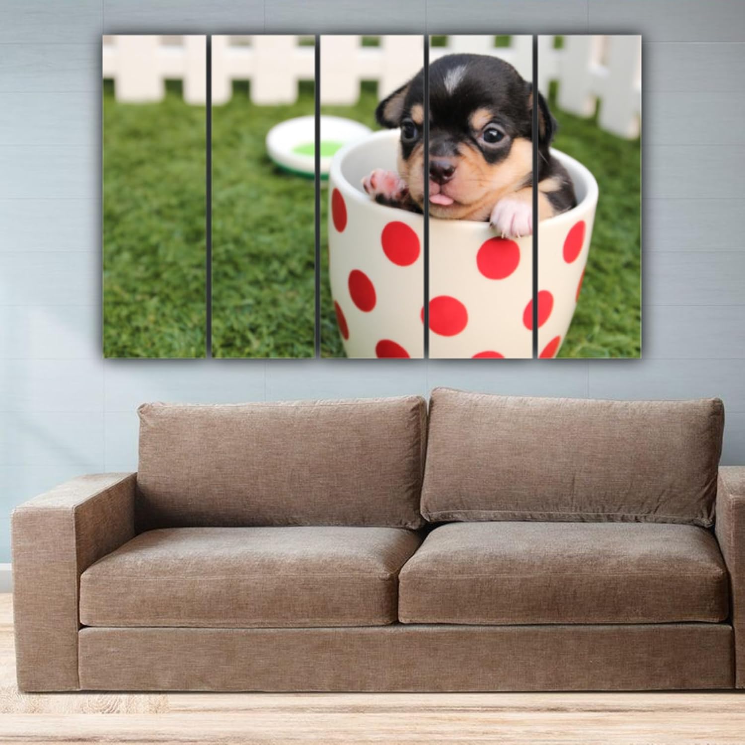 Colorful multi-panel puppy portrait wall art in a modern interior  Puppy-tastic Photography Framed Wall Art  Multi-Frame Puppy Parade