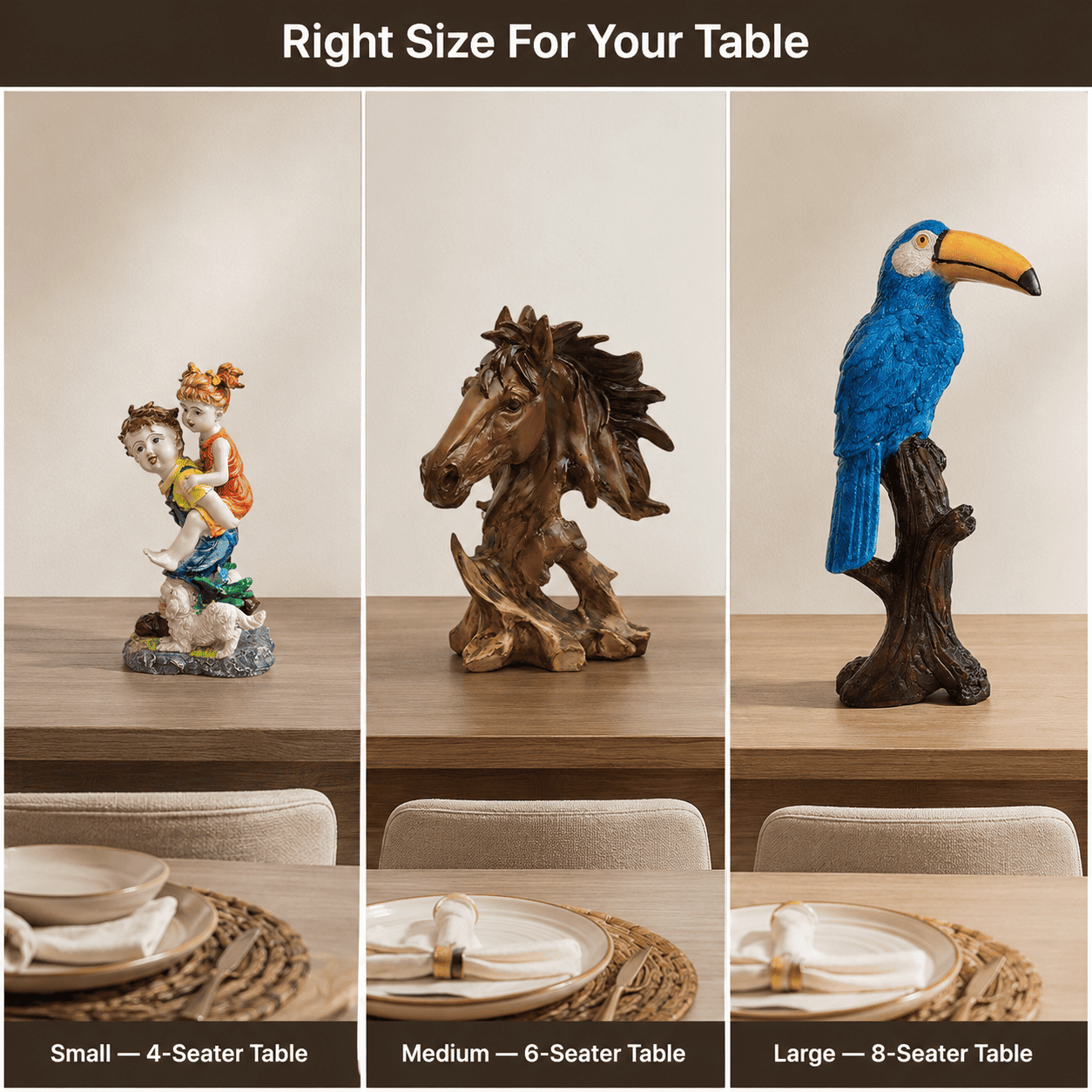 Comparison grid of décor sizes across dining table widths