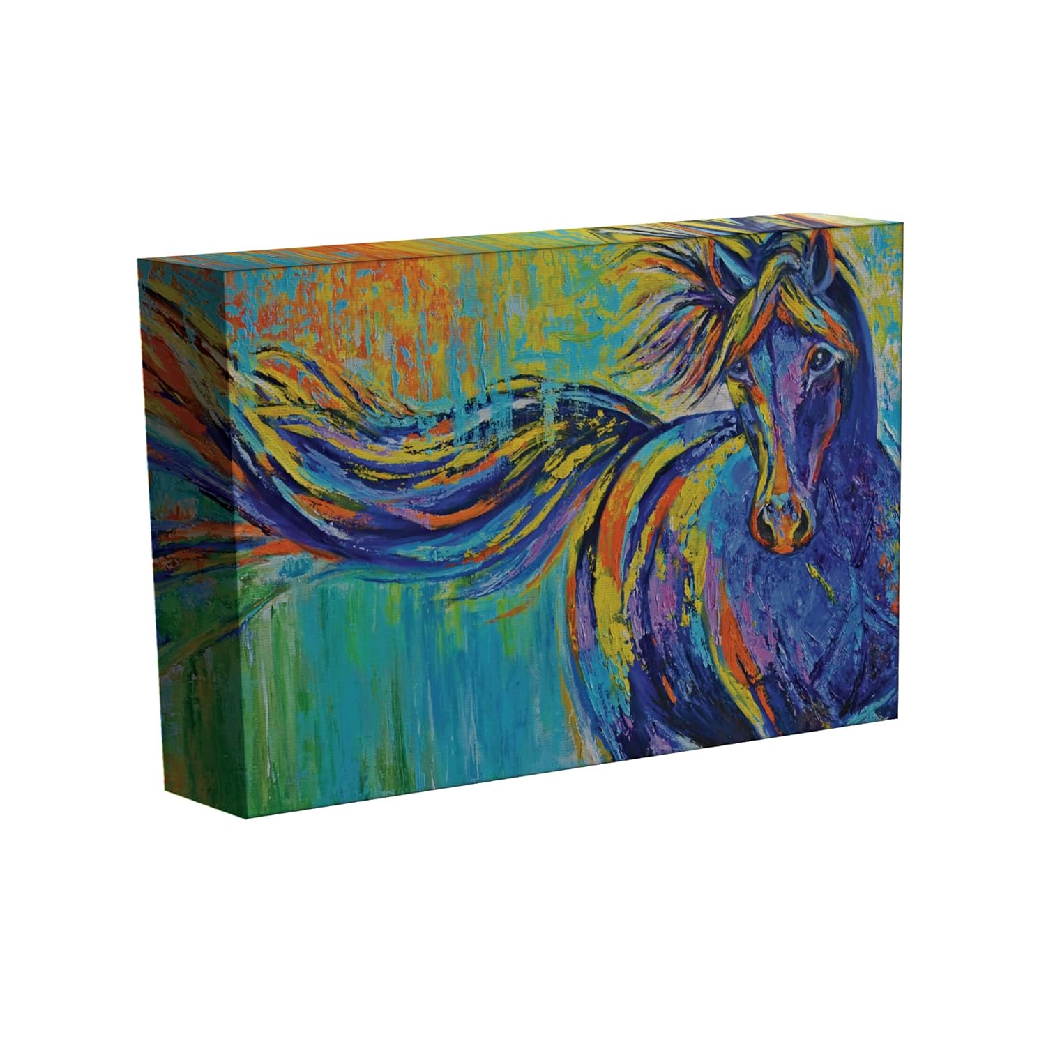 Framed masterpiece of Giddy Up! Wild Horse Abstract Wall Art hung on a living room wall